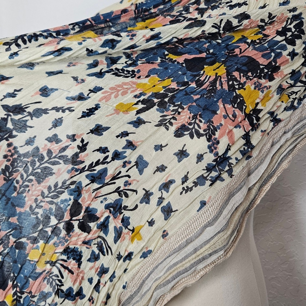 Ann Taylor LOFT Floral Scarf Cream Blue Pink Yellow Gauze Frayed Edge Boho Wrap - Picture 5 of 7
